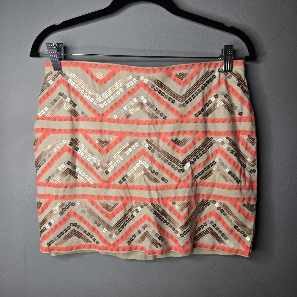 Express Sequin Chevron Mini Skirt Small Coral Tan Geometric Party Festival